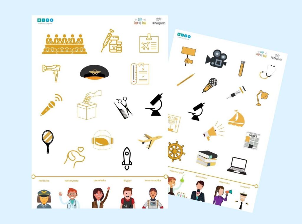 karty pracy, na których są różne atrybuty zawodów, a na dole kartki postacie symbolizujące te zawody