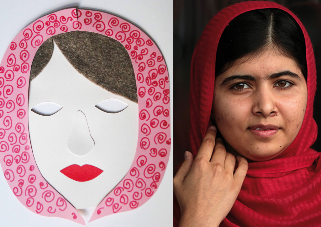 Maska_Malala Yousafzai Maska Malali po lewej stronie grafiki, a po prawej - zdjęcie Malali