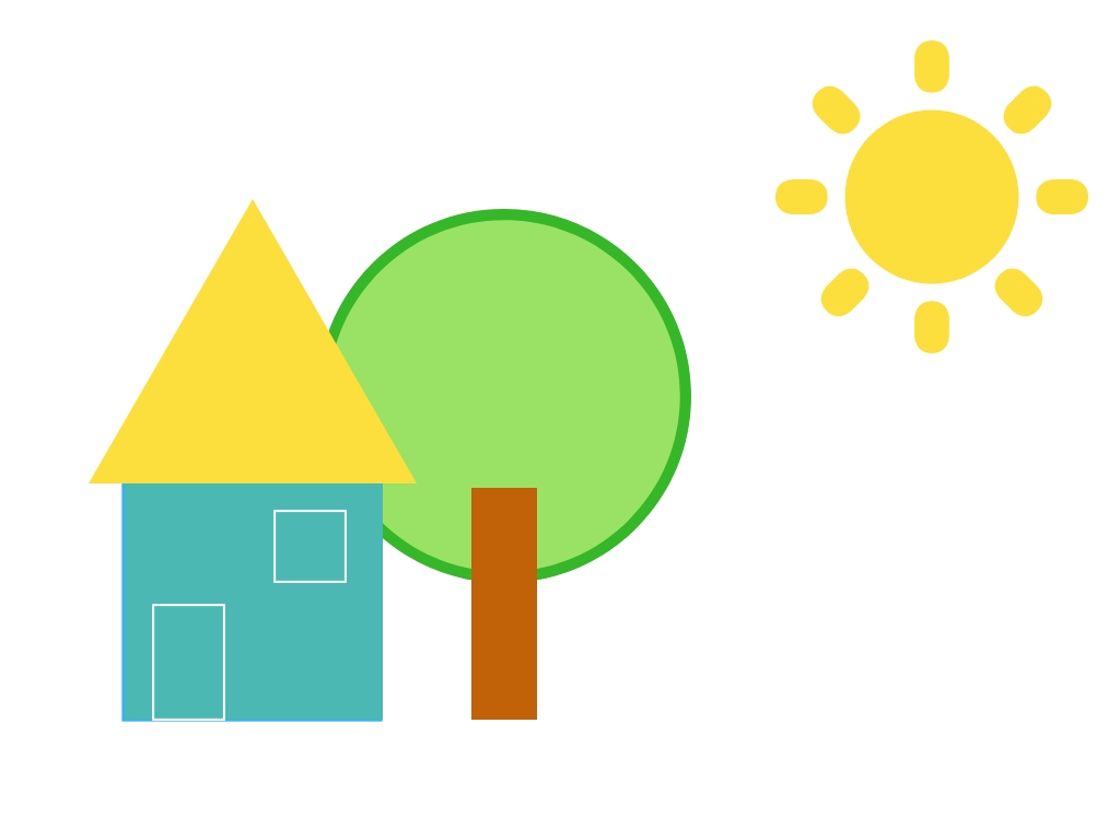 prosty schematyczny rysunek domu, drzewa i słońca
