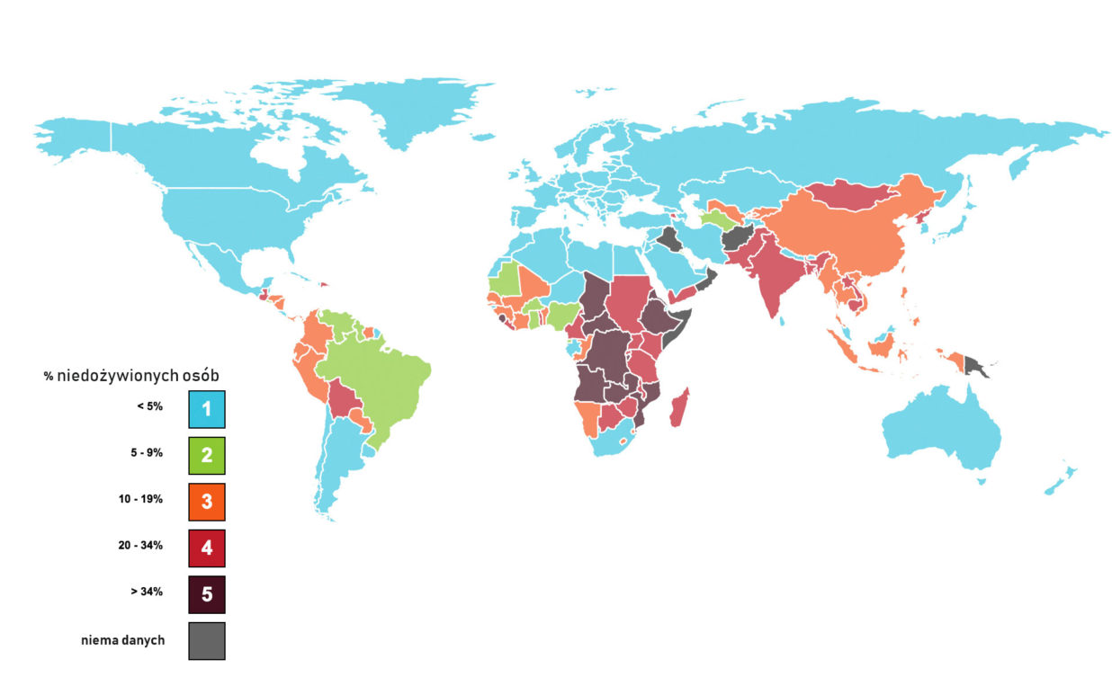 mapa świata, na której kolorami są zaznaczone kraje o największym odsetku niedożywionych osób