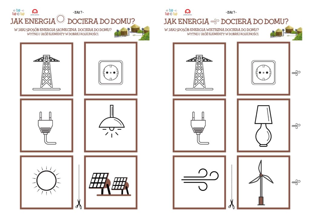 karty do gry - symbole wiatru, wiatraku, lampy, wtyczki do prądu, linii przesyłowych i gniazdka