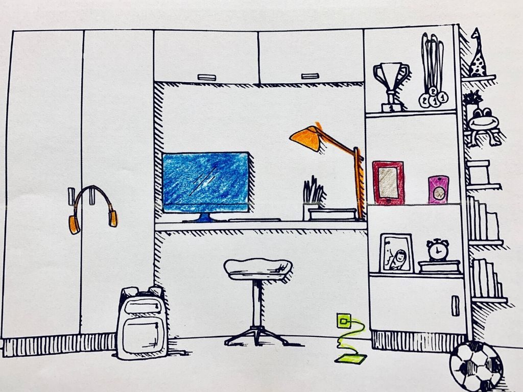 pokój dziecka - biurko i szafki, na których są różne elektryczne urządzenia - lampka, komputer, słuchawki, głośniki, tablet, telefon