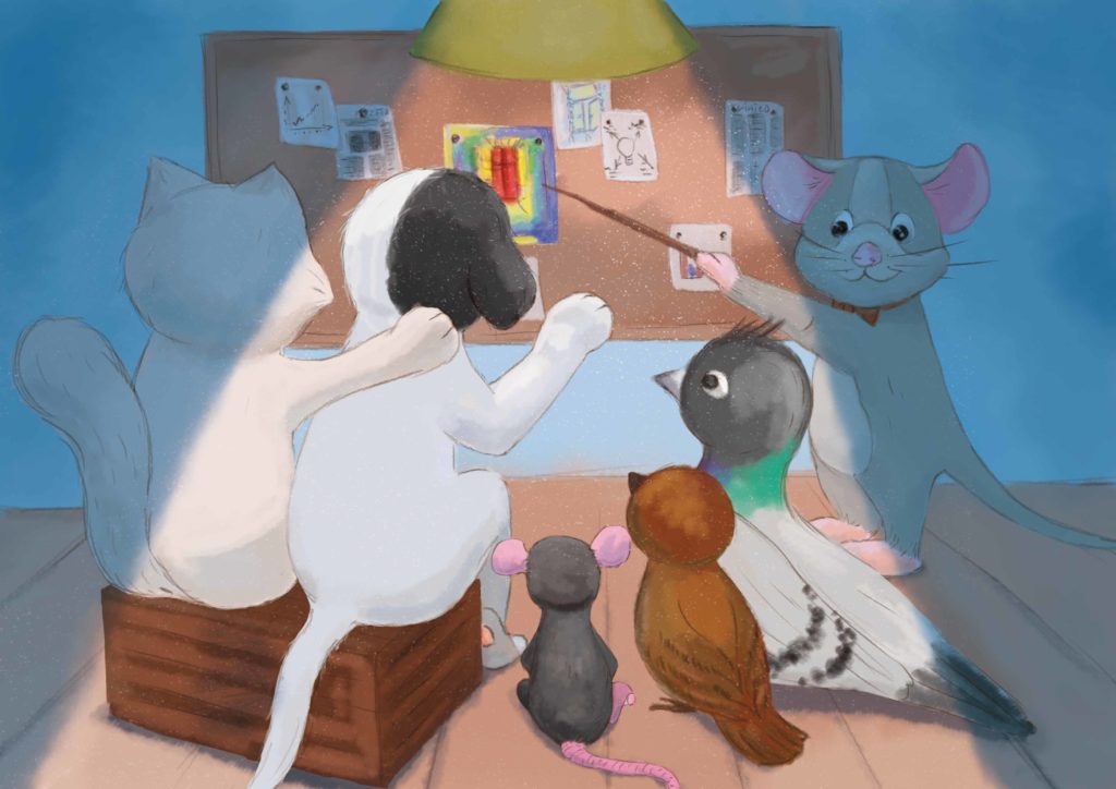 grupka zwierzaków siedzi przy nocnym świetle małej lampki i wpatruje się w szczurka stojącego przy tablicy