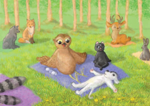 Zwierzęta siedzą zmęczone na kocach piknikowych, odpoczywają