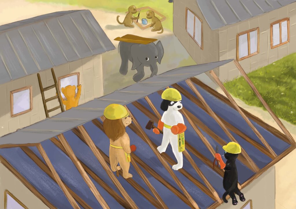Urwis, Tola i Leo stoją na dachu domu, który budują