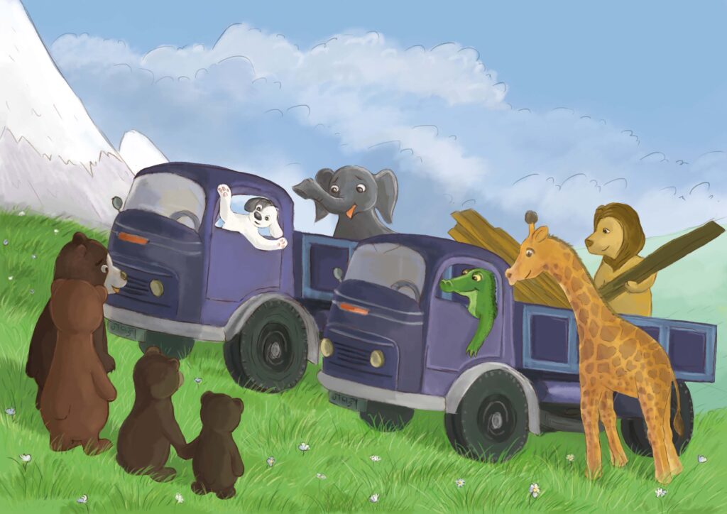 wolontariusze przyjechali na dwóch ciężarówkach. Rodzina niedźwiedzi spotyka ich zaskoczona.