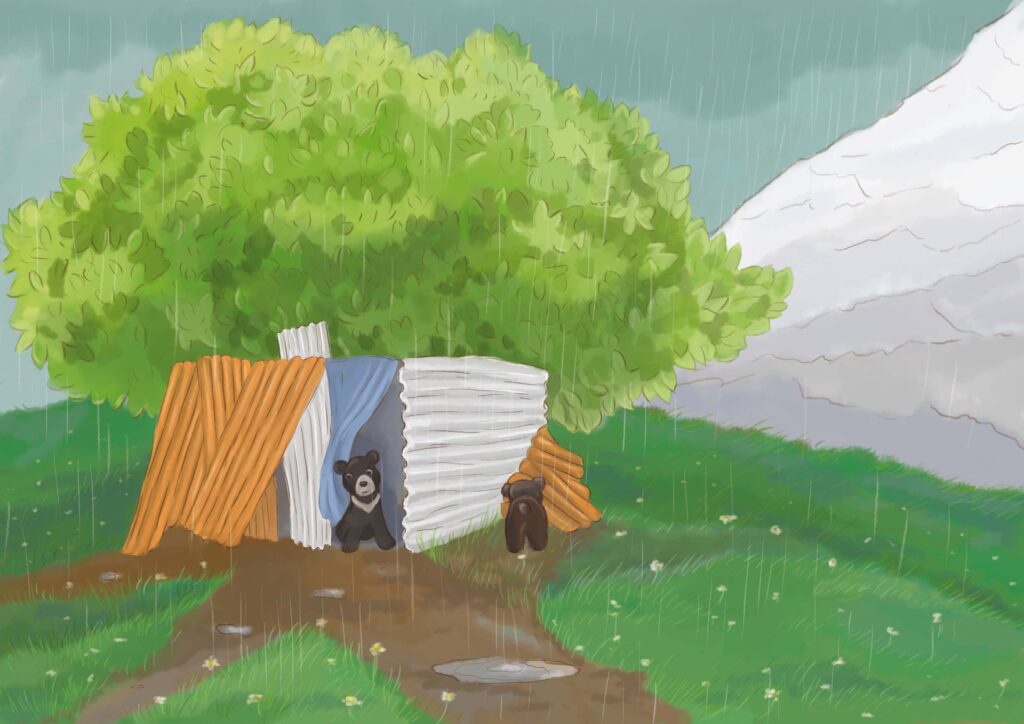 pada deszcz, pod drzewem obok chatki siedzi smutny niedźwiadek