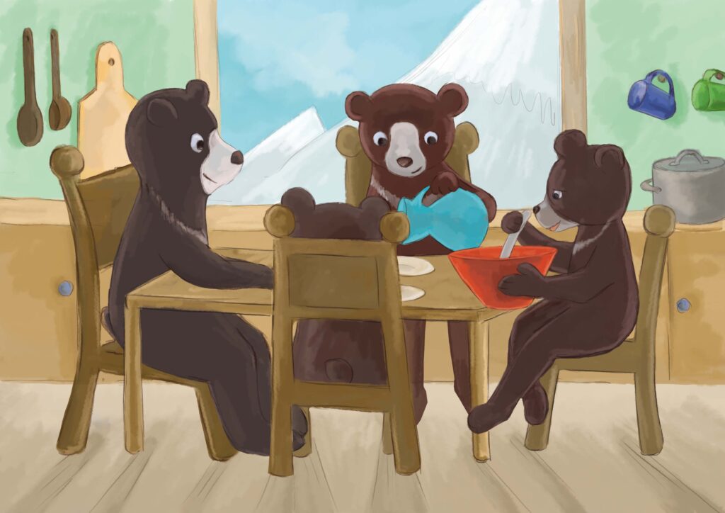 Rodzina niedźwiedzi siedzi przy swoim stole obiadowym i je śniadanie