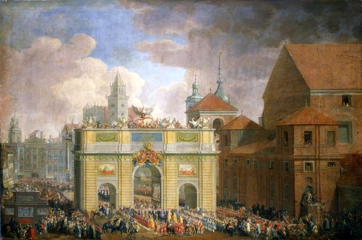 Obraz przedstawia bramę krakowską na starym mieście. Pod bramą tłum ludzi.