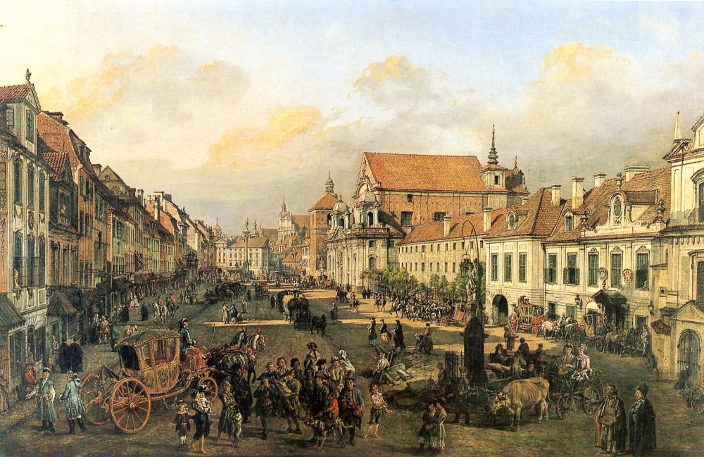 Obraz Canaletto. Przedstawia widok Starego Miasto. Pomiędzy kamienicami gromadzą się ludzie. W oddali kolumna Zygmunta.