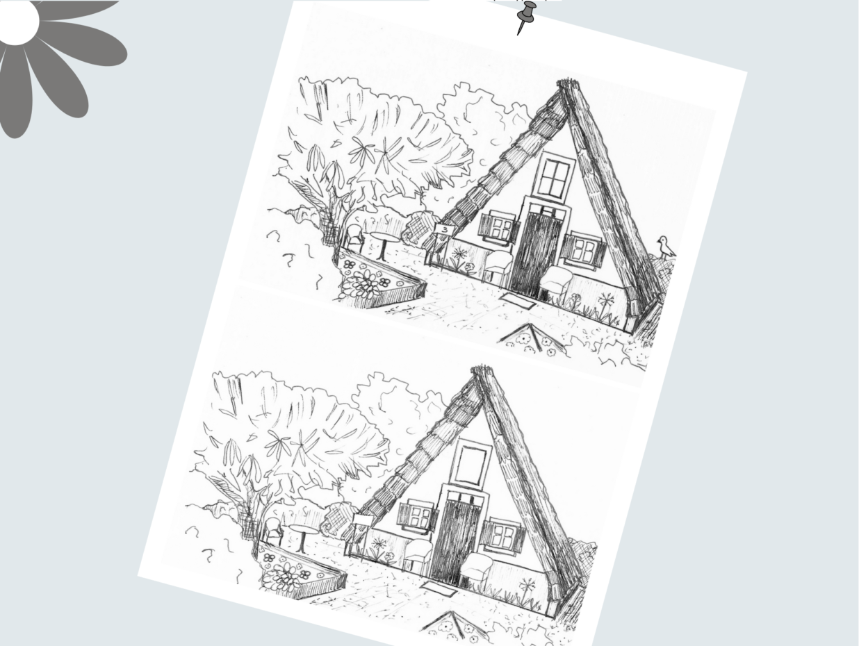 Grafika. Kartka przypięta pinezką. Na kartce dwa rysunki ukazujące tradycyjne domy Madery - niewielkie, w kształcie trójkąta ze spadzistym dachem.