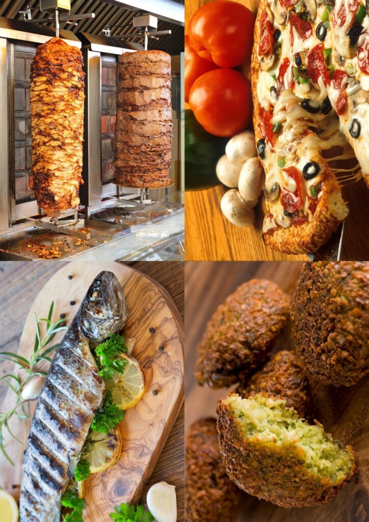 razem za stołem Cztery zdjęcia potraw: ryba grillowana, kebab, falafel, pizza