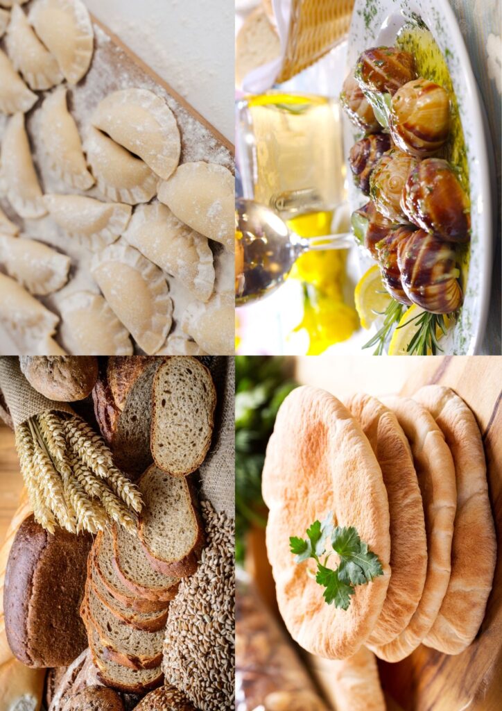 Cztery zdjęcia potraw: chleb, pierogi, pita, ślimaki