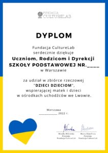 Dyplom dla szkół biorących udział w zbiórce darów dla Ukrainy