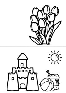 na górze kartki są tulipany do pokolorowania, a na dole - zamek z piasku, słońce i zabawki plażowe