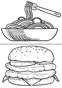 Załącznik 3.1_Strona_1 rysunki jedzenia: burgera i spaghetti