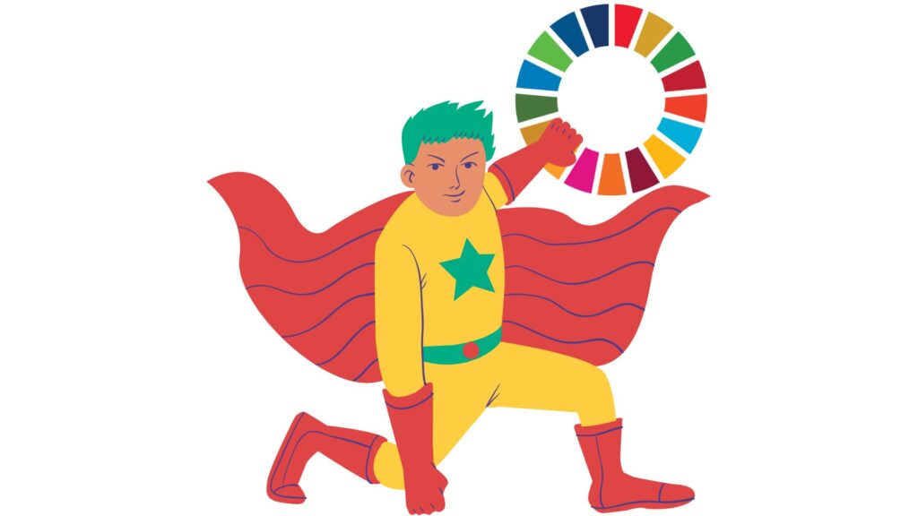 język SDG2 super bohater trzymający kółko SDG