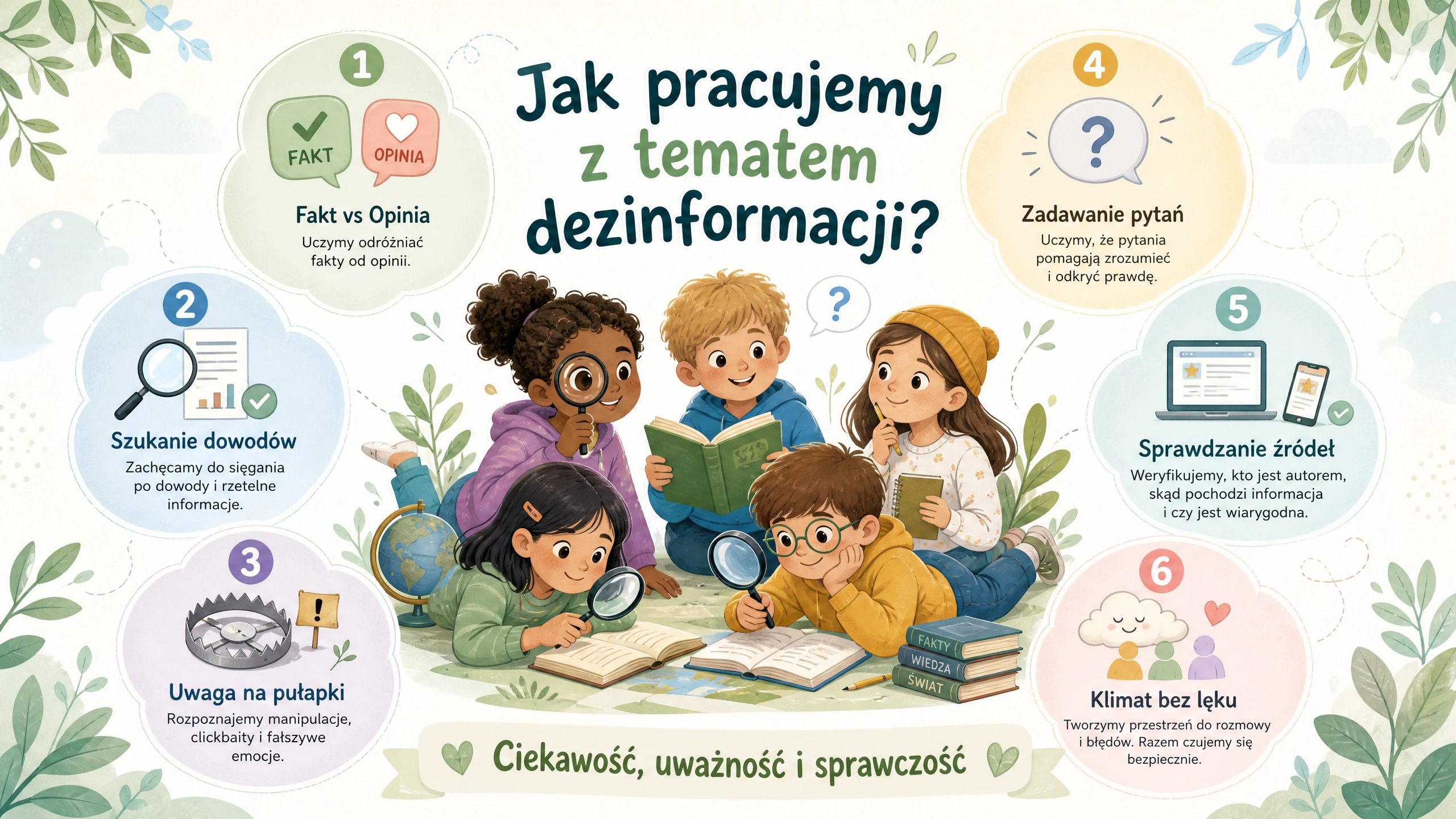 jak pracujemy z tematem dezinformacji - grafika przedstawia dzieci czytających książkę. Ktoś ma lupę, ktoś z zainteresowaniem słucha czytającego kolegi